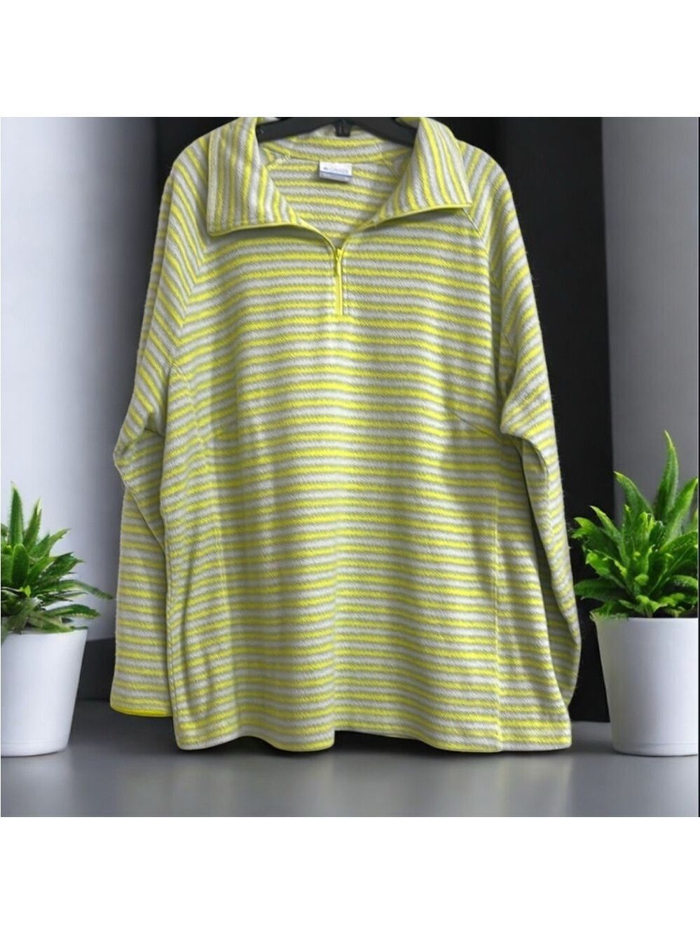 Columbia Yellow Gray Striped Cozy Quarter Zip Long Sleeve Fleece Pullover Top 2X